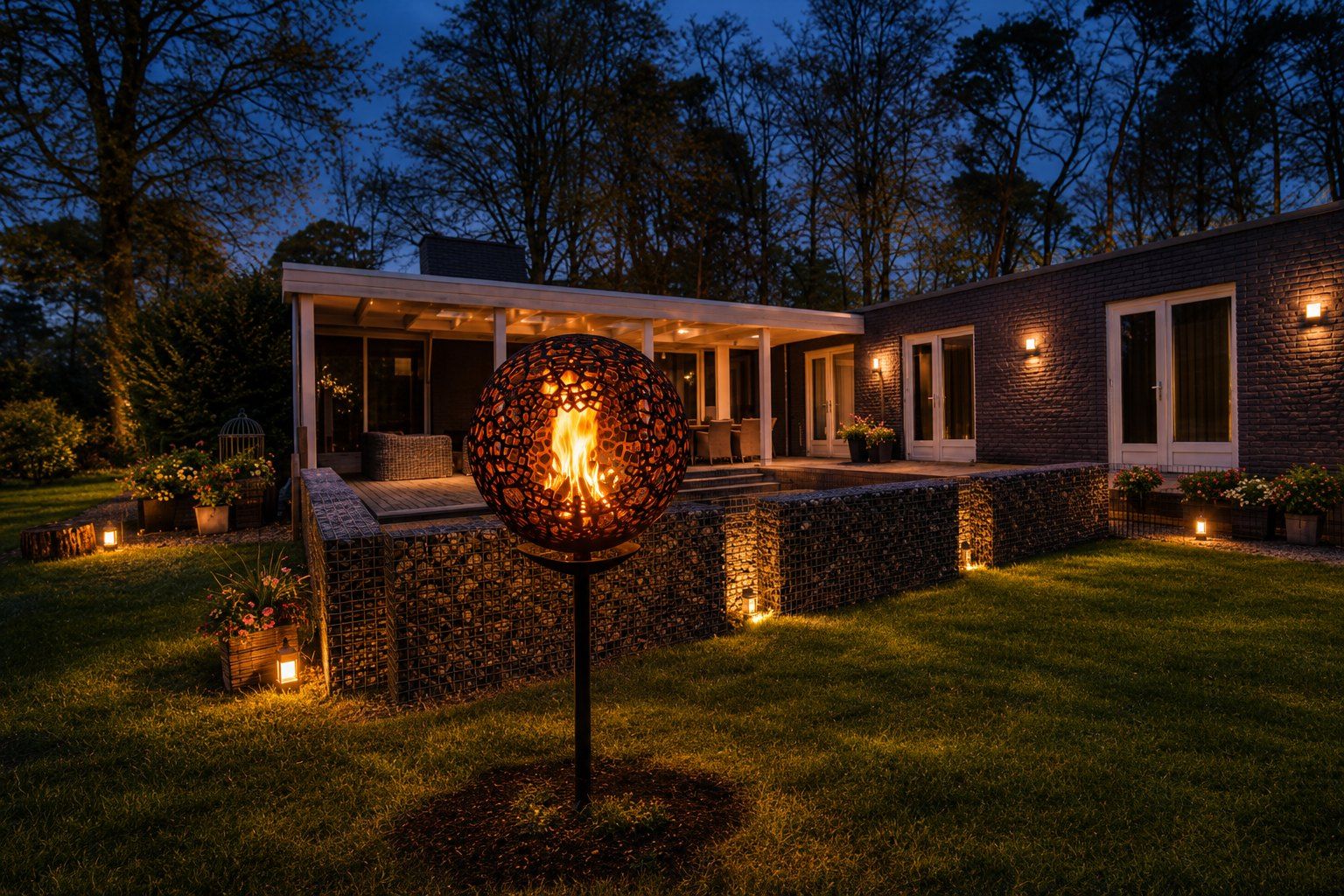 Gloeiende vuurschaal in de tuin bij schemering